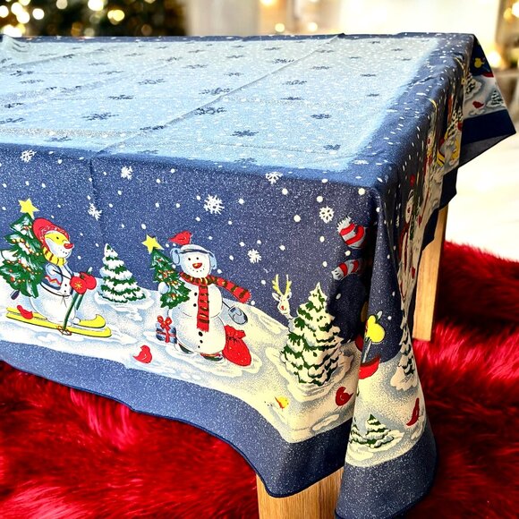 Blue Tablecloth Christmas Holiday Snowmen Snowflakes Cotton Blend 82” x 59” - Picture 4 of 14